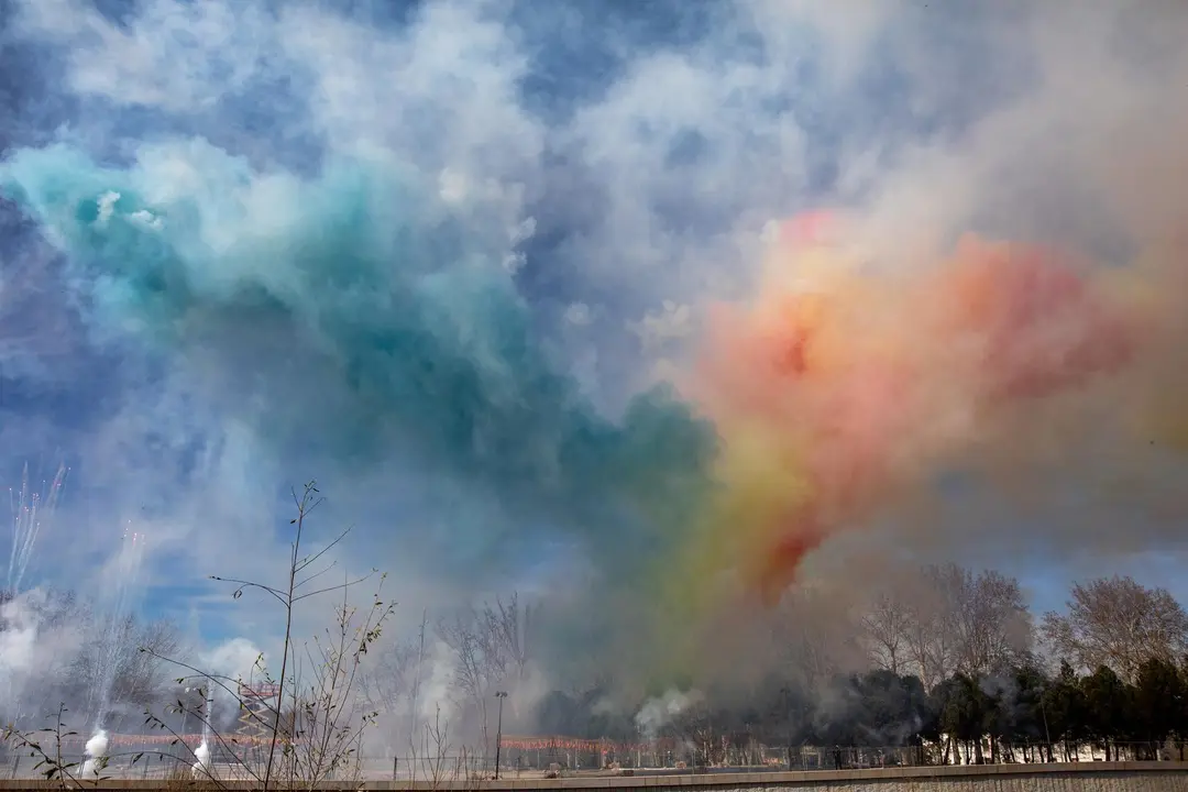 February 18, 2024, Madrid, Spain: Panoramic view of pyrotechnics explosion during the mascleta. Madrid has held a Mascleta at the Madrid R&iacute;o Park area where more than 300 kilos of explosives have been detonated.Previously at the Cibeles Palace, headquarters of the Madrid city council, an official event was held to welcome the Valencian delegation with the participation of the mayor of Madrid, Jose Luis Mart&iacute;nez - Almeida; the president of the Valencian Generalitat, Carlos Maz&oacute;n and the mayor of Valencia, Mar&iacute;a Jos&eacute; Catal&aacute; and hundreds of ''falleras'' with their typical costumes.,Image: 848087281, License: Rights-managed, Restrictions: , Model Release: no, Credit line: David Canales / Zuma Press / ContactoPhoto