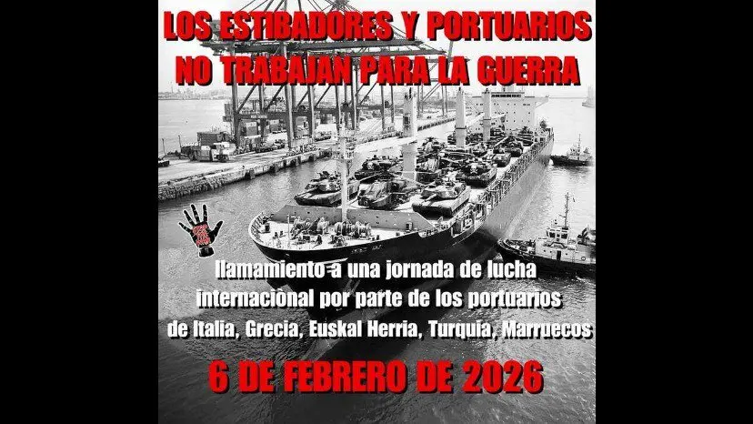 Convocatoria internacional de lucha contra la guerra lanzada por los estibadores y portuarios italianos, griegos, vascos, turcos y marroqu&iacute;s para el 6 de febrero de 2026 - Unione Sindicale di Base, G&eacute;nova.