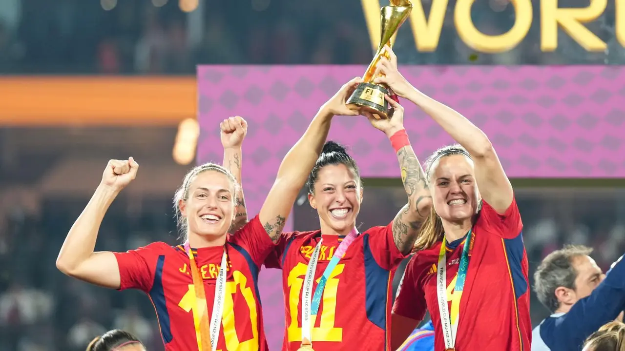 August 20, 2023, Sydney, Australia: Sydney, Australia, August 20th 2023:  Alexia Putellas (11 Spain), Jenni Hermoso (10 Spain) and Irene Paredes (4 Spain) celebrate their vicory of the World Cup and hold up the trophy during the trophy ceremony after the FIFA Womens World Cup 2023 Final football match between Spain and England at Stadium Australia in Sydney, Australia.,Image: 799981349, License: Rights-managed, Restrictions: * Brazil and Mexico Rights OUT *, Model Release: no, Credit line: Daniela Porcelli / Zuma Press / ContactoPhoto