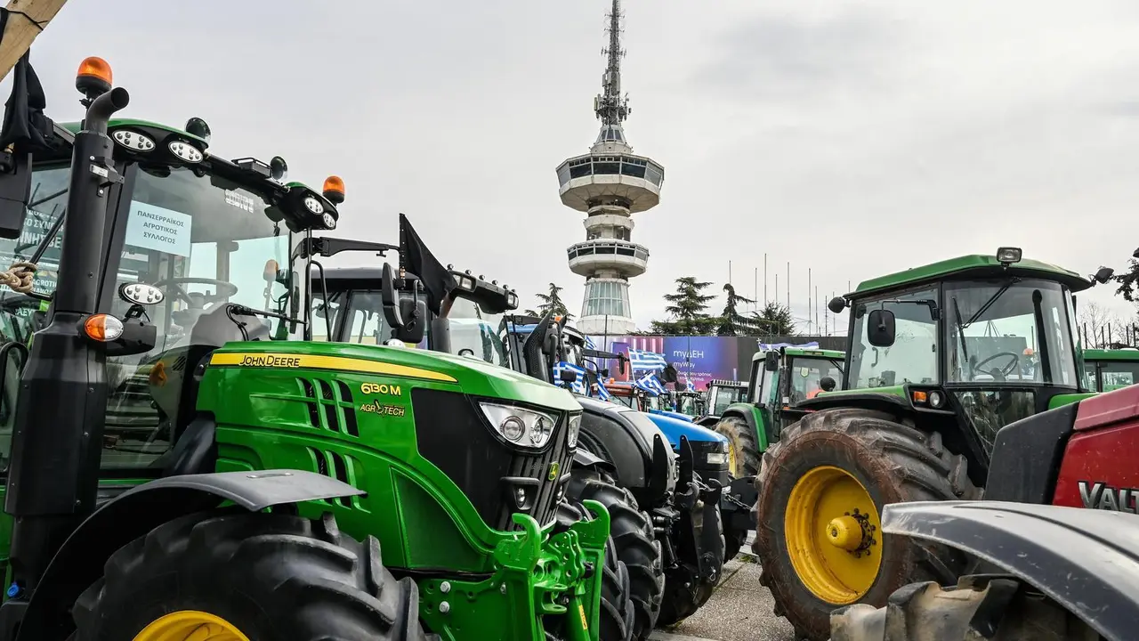 February 2, 2024, Thessaloniki, Greece: Greek farmers with their tractors take part in a protest outside an agricultural fair. Greek farmers protest against rising energy costs and demand further support from the Greek government and higher compensations for the recent floods.,Image: 842777716, License: Rights-managed, Restrictions: , Model Release: no, Credit line: Giannis Papanikos / Zuma Press / ContactoPhoto