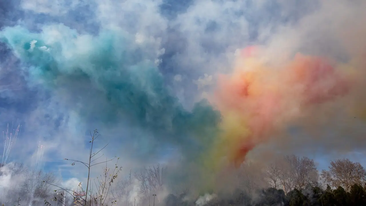 February 18, 2024, Madrid, Spain: Panoramic view of pyrotechnics explosion during the mascleta. Madrid has held a Mascleta at the Madrid R&iacute;o Park area where more than 300 kilos of explosives have been detonated.Previously at the Cibeles Palace, headquarters of the Madrid city council, an official event was held to welcome the Valencian delegation with the participation of the mayor of Madrid, Jose Luis Mart&iacute;nez - Almeida; the president of the Valencian Generalitat, Carlos Maz&oacute;n and the mayor of Valencia, Mar&iacute;a Jos&eacute; Catal&aacute; and hundreds of ''falleras'' with their typical costumes.,Image: 848087281, License: Rights-managed, Restrictions: , Model Release: no, Credit line: David Canales / Zuma Press / ContactoPhoto
