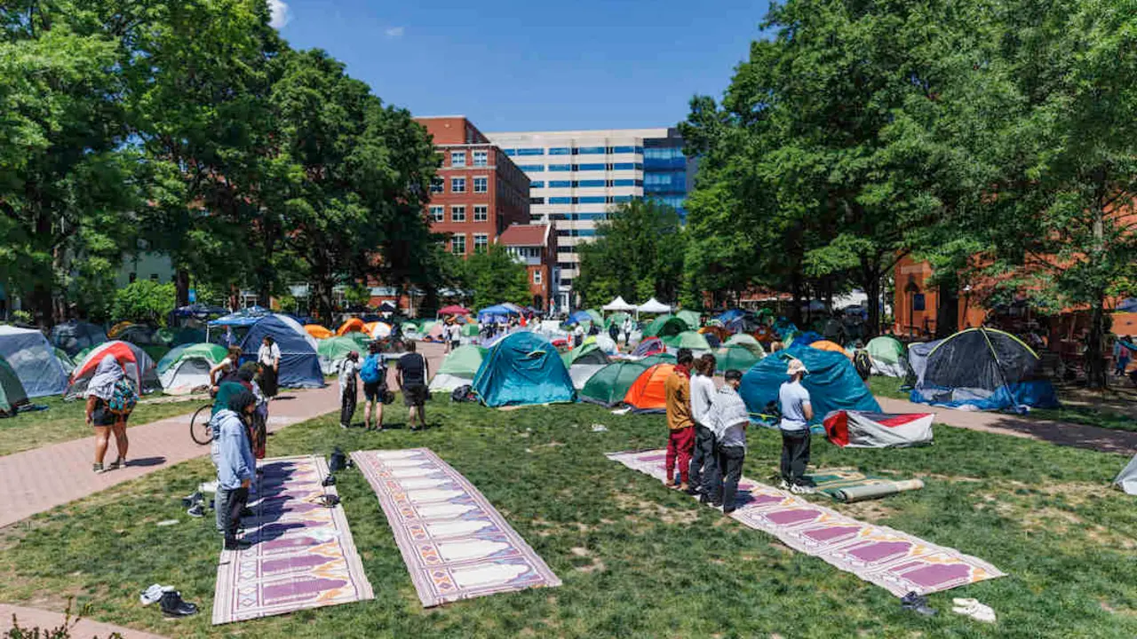 May 1, 2024, Washington, District Of Columbia, USA: Muslims pray in a pro-Palestinian encampment on the campus of George Washington University in Washington DC on Wednesday, May 1, 2024. House Oversight Republicans visited the encampment ahead of a press conference steps away,Image: 869516961, License: Rights-managed, Restrictions: , Model Release: no, Credit line: Aaron Schwartz / Zuma Press / ContactoPhoto